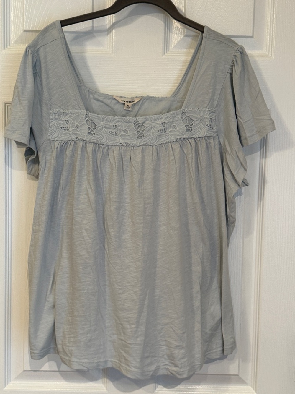 Lucky Brand Light Blue Crochet-Trim Square Neck Blouse
